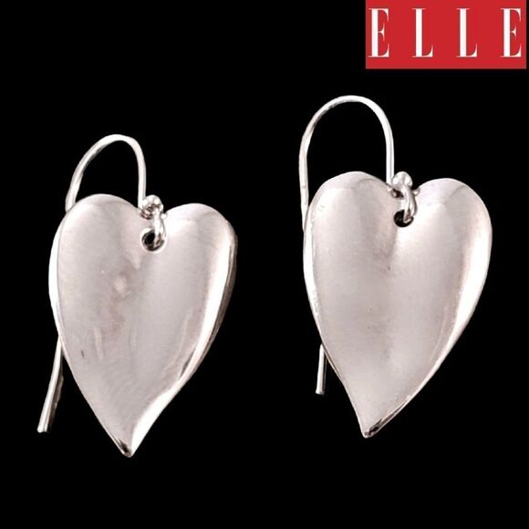 ELLE Sterling Modern Long Heart Dangle Wire Earrings NWOT - Picture 1 of 5